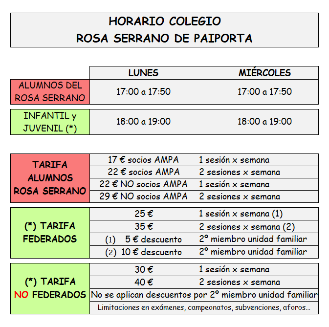 tarifa y horario Rosa Serrano